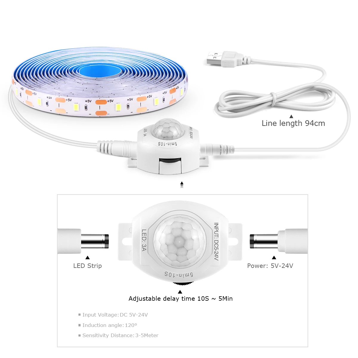 1M 2M 3M LED Smart PIR Motion Sensor LED Strip Auto ON/OFF Night light Waterproof for Home Bedroom Kitchen,Wardrobe Stairs Decor