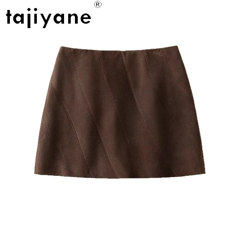 TAJIYANE Genuine Leather Skirt Woman Vintage Mini Skirt Sheepskin Suede Women's Skirts Diagonal Stripe Bodycon Skirts 2026 Woman