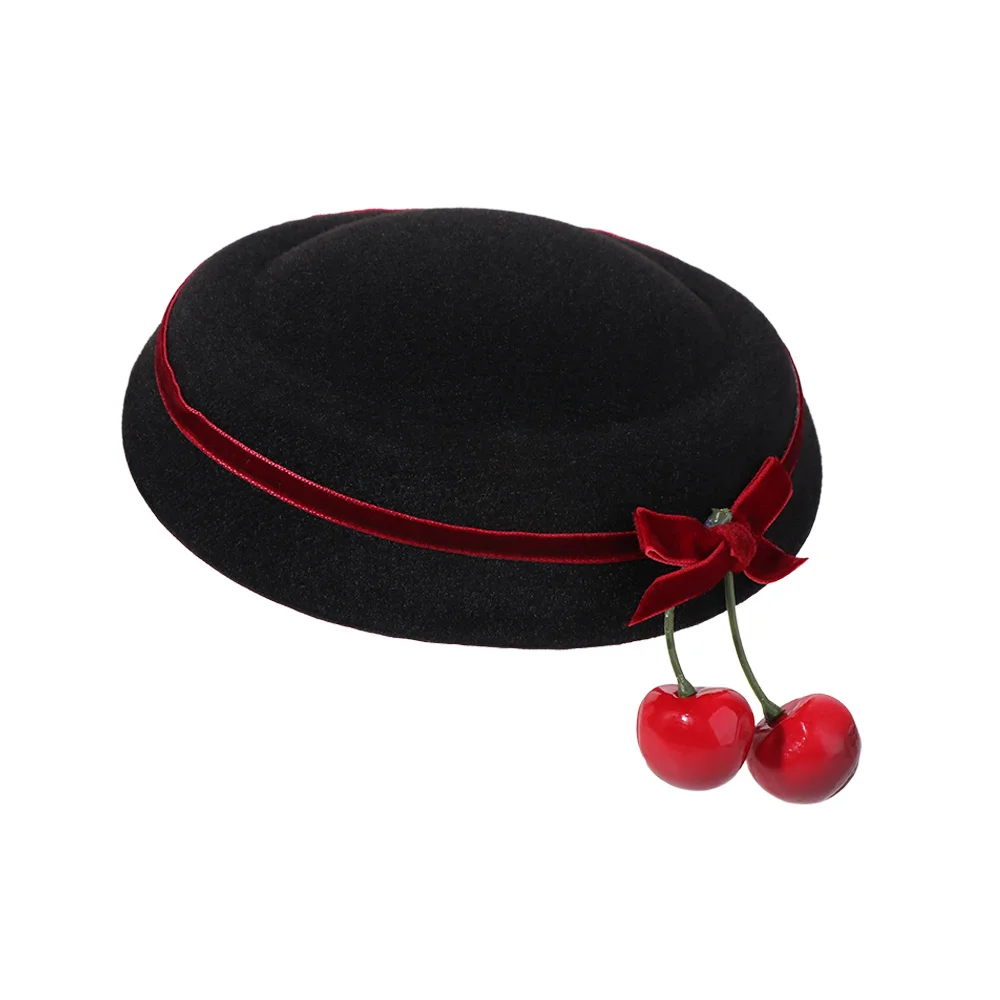 Velvet Bow Cherry Hat Hairpin French Style Hair Accessories Round Hat Hair Clip Beanie Hat Headdress Women Hairpin Dance Show