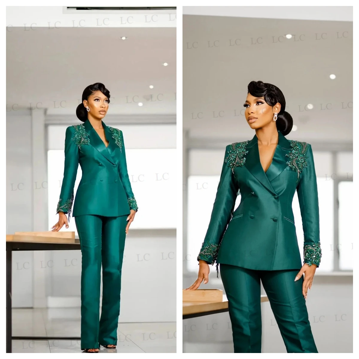 Satin Appliques Dark GreeWomen Suits 2 Pieces Blazer Pants Beads Diamonds Peaked Lapel Plus Size Custom Made Mother Of The Bride