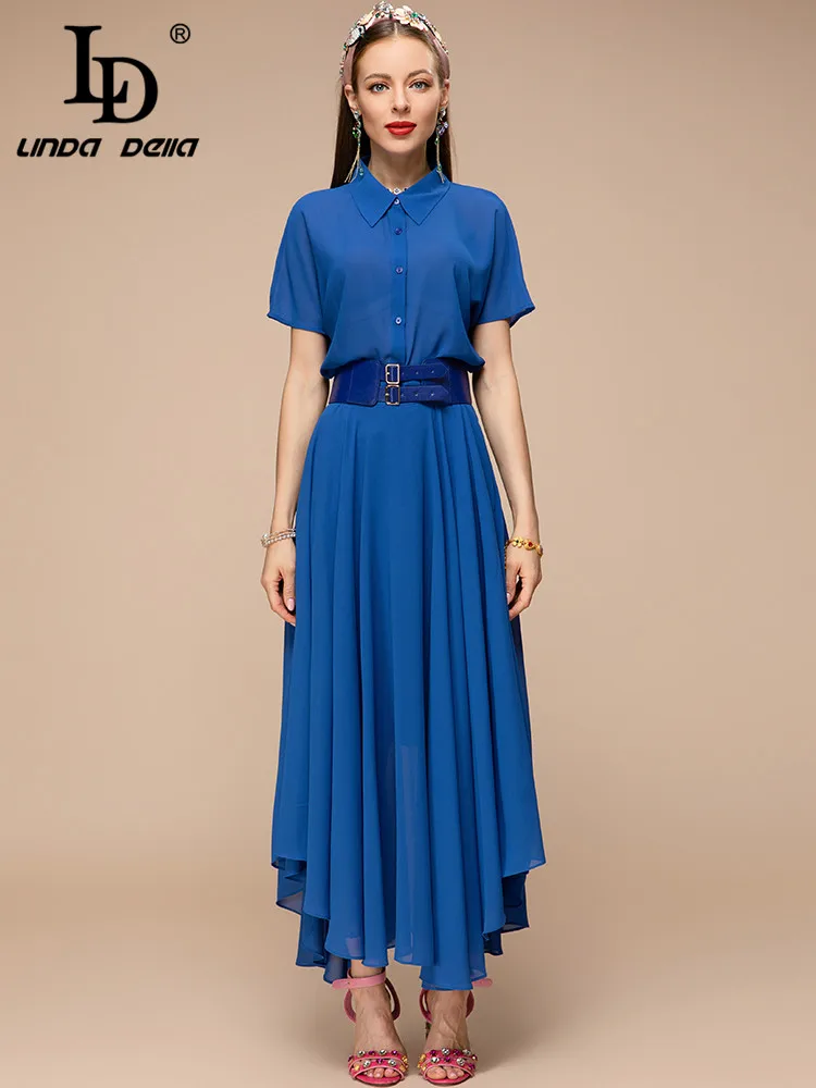 LD LINDA DELLA New 2023 Summer Fashion Women Blue Elegant Asymmetrical Long Dress Turn-down Collar Sashes Slim Pleated Dresses