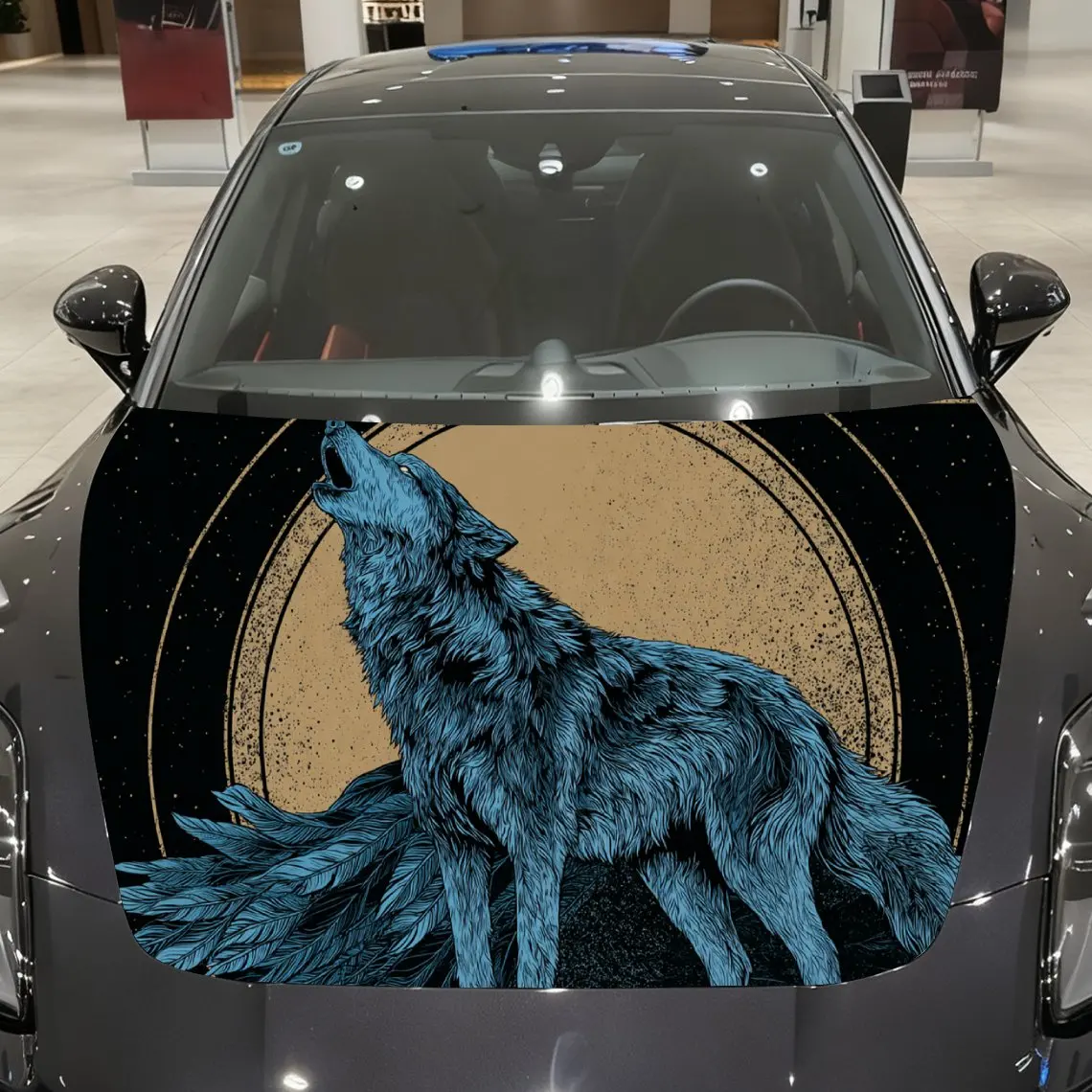 

Car Decals A Blue Wolf In Circular Scene Close - Up With Howling Posture And Artistic Visual Contrast Car Hood Sticker, Waterpro