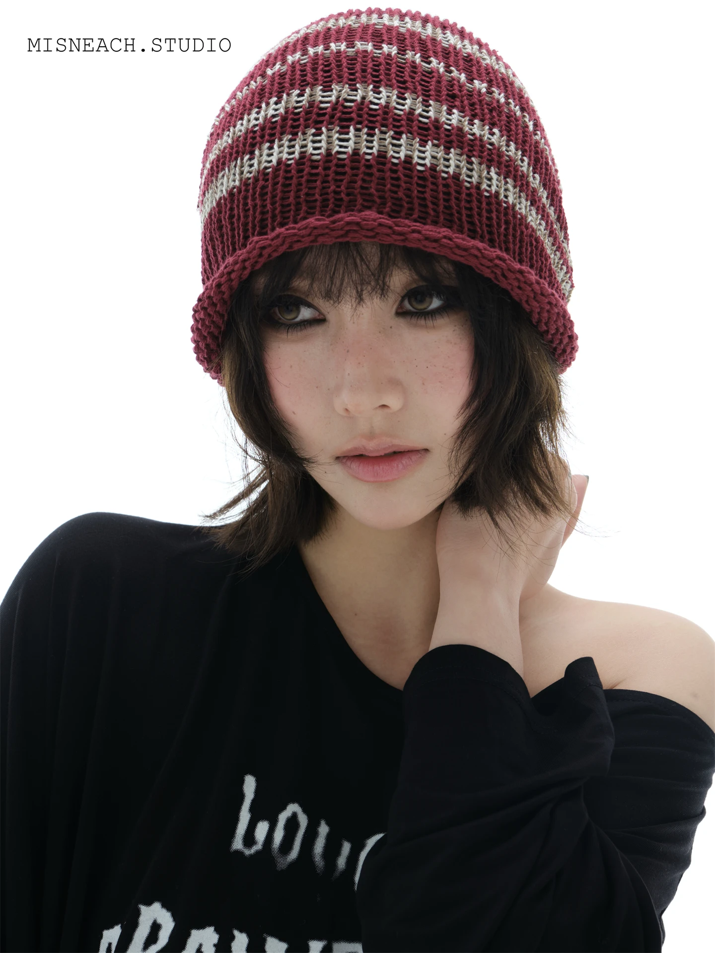 

Millennial Style Knitted Hat Women's Thin Stripe Hollow out Cuffed Beanie Fashionable Summer Breathable round Top Cap
