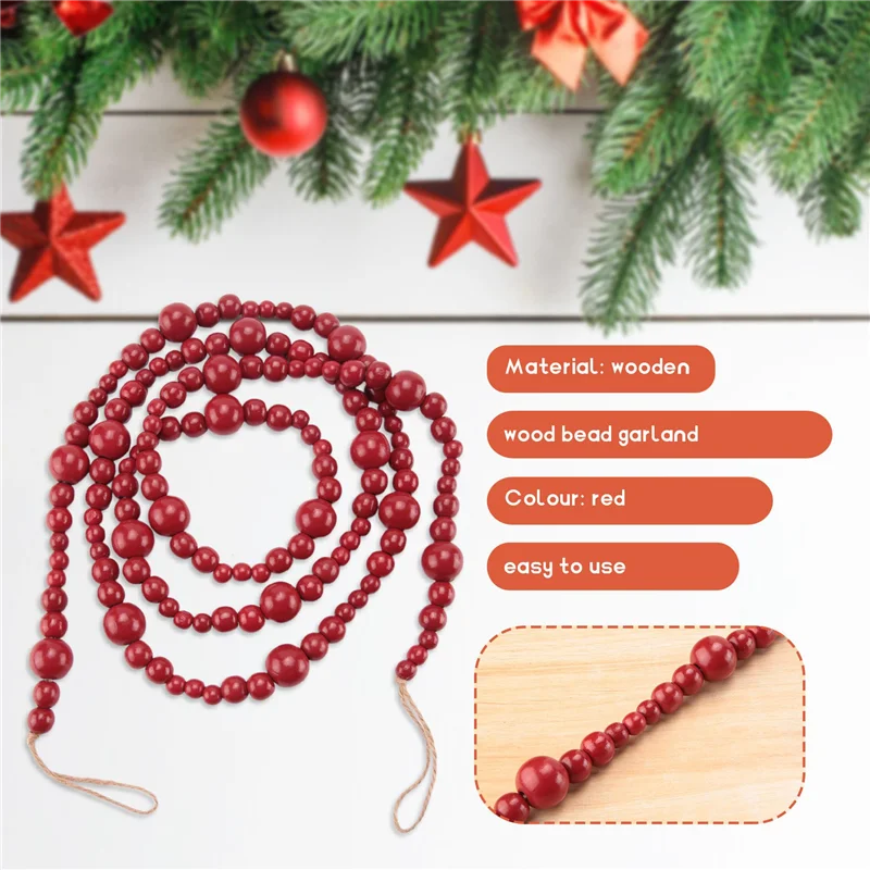 A25I-7Ft Wood Bead Garland Farmhouse Home Decor Country Christmas Tree Boho Decorations Mantel Wall Hanging Prayer Beads
