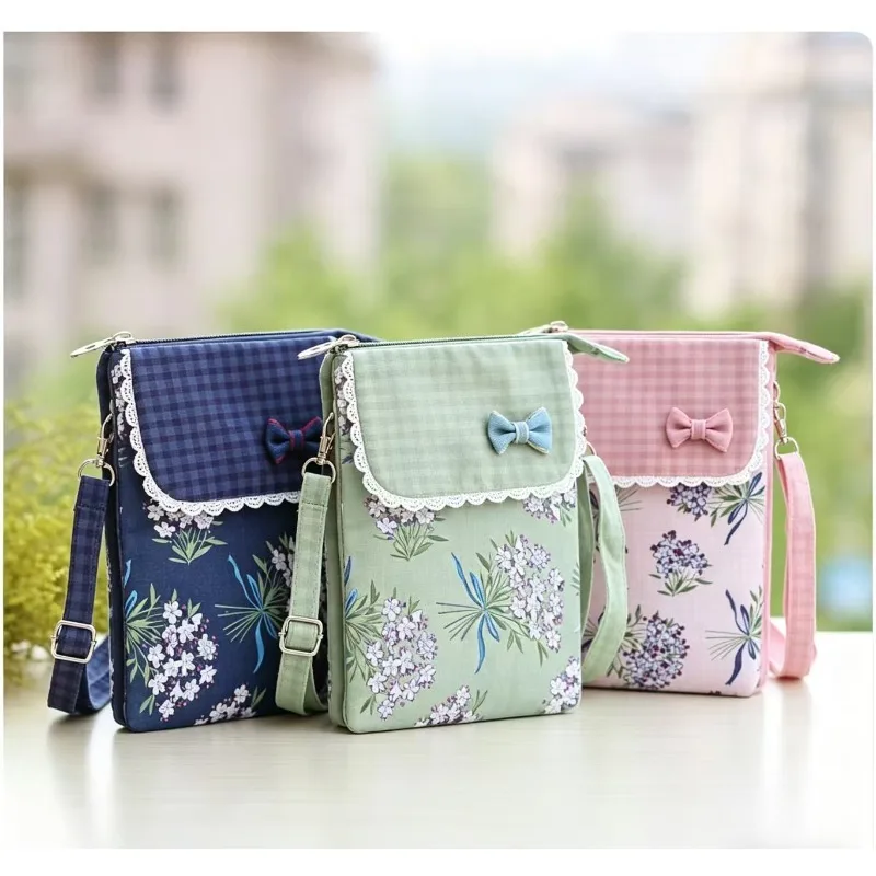 

Pastoral Leaf Large-screen Fabric 5-layer Messenger Mobile Phone Bag, Women's Diagonal Span Bag