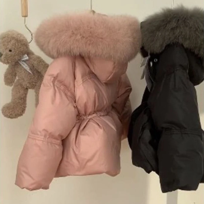 2025 New Fashionable Winter Clothing for Girls Warm Hooded Large Hairy Collar Medium to Long Cotton Jacket