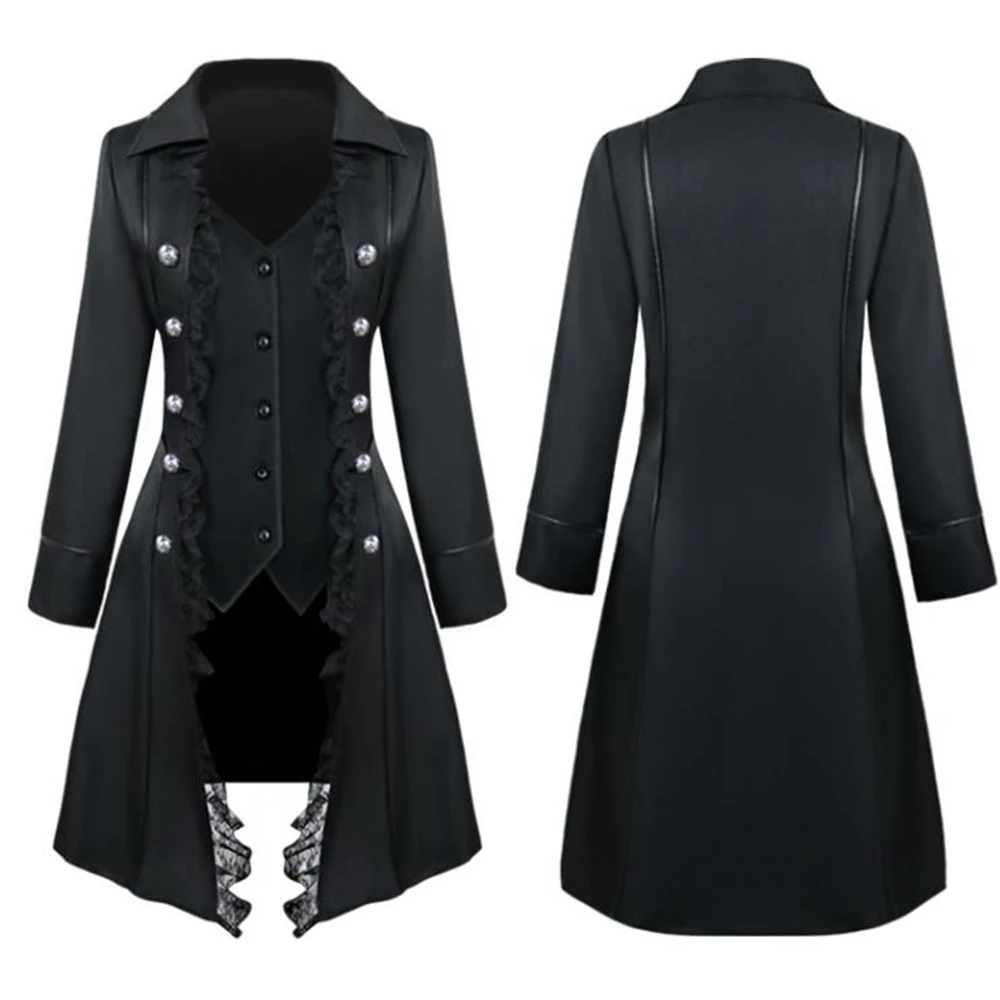 Women Jacket Coat Medieval Retro Lace Victorian Gothic Long Sleeve Button Tailcoat Steampunk Halloween Party Costume Clothing