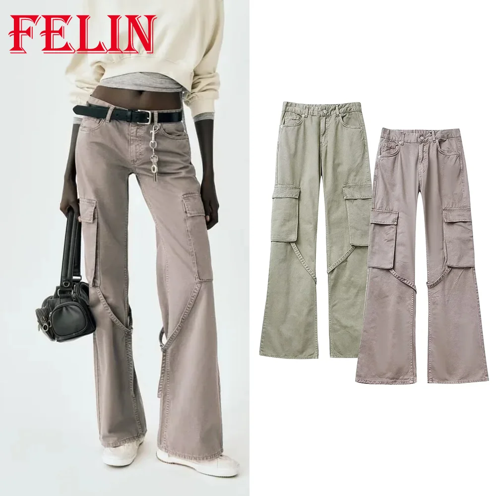 TRAF 2023 Autumn Women High Street Cargo Long Pants Pockets Wide Leg Pants Streetwear Loose Safari Style Fashion Female Trousers