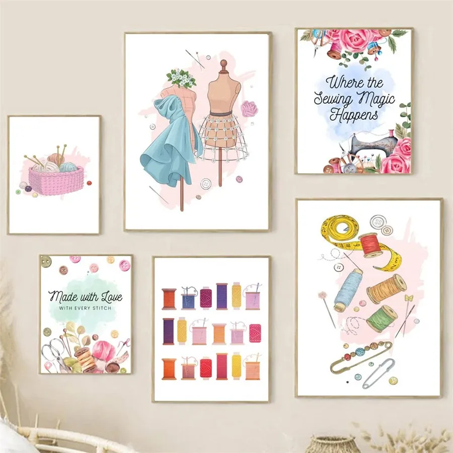 Dress Machine Needle Thread Scissors Beautiful Sewing Posters And Prints Wall Art Canvas Painting Pictures For Craft Room Decor