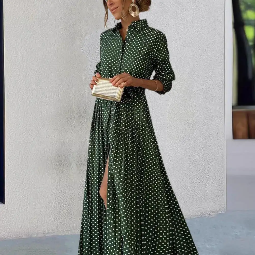 

Retro Dot Dress Bohemian Style Maxi Dress with Stand Collar Split Hem Women's Evening Dress for Prom Dating Commuting Casual