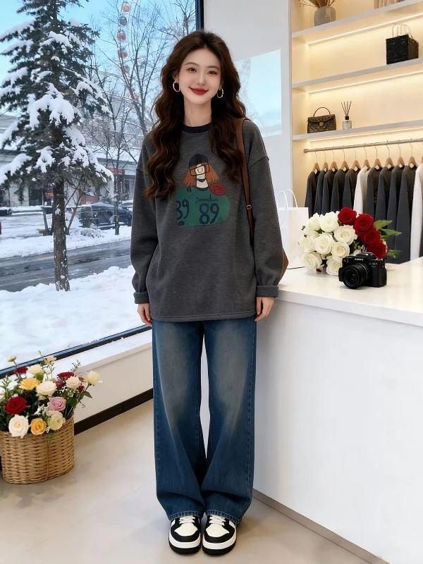 

plus Size Women's Printed Cartoon Long Sve Sweatirt round Ne Spring Loose Slimming Base Layer irt Top Korean Sle