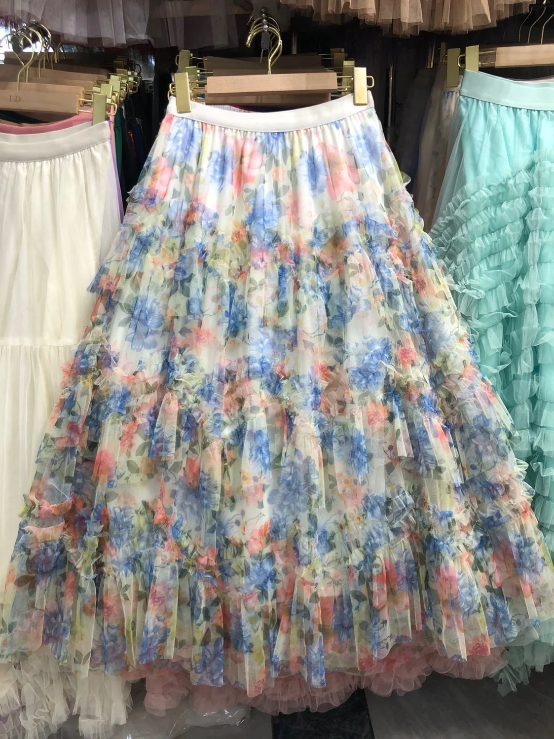 Elegant High Waist Cake Skirt Half-length Heavy Embroidery Floral Print A-line Midi Skirt for Women Polyester Fiber Printed
