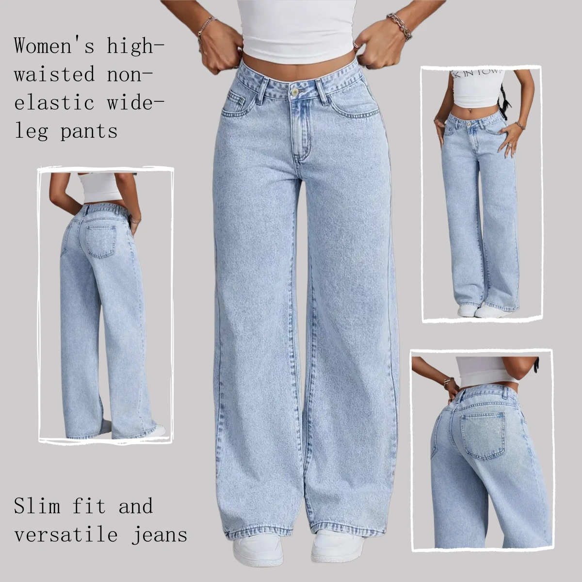 Women Non Stretch Wide Leg Jeans Light Blue Cross Border Hot Selling Denim Pants