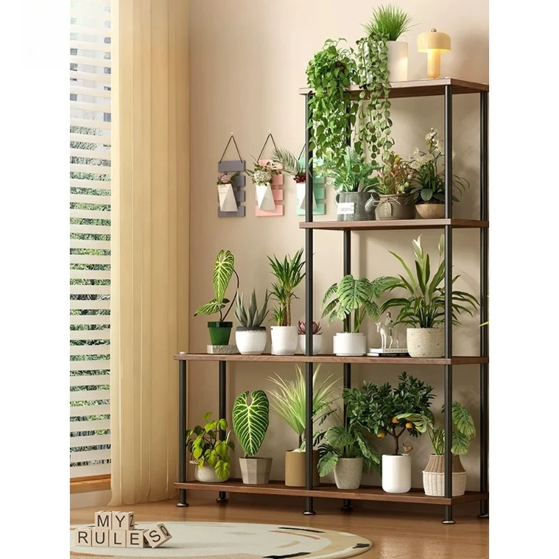 Movable solid wood flower rack Floor-to-ceiling wrought iron multi-layer rack