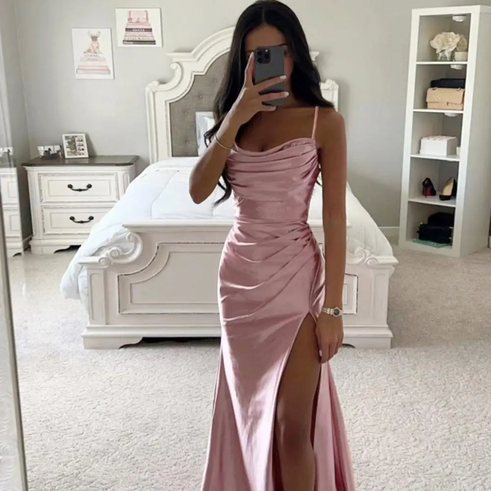 Cocktail Party Dress Elegant Spaghetti Strap Maxi Dress with Side Slit Pleated Back for Wedding Banquet Cocktail Party Women's