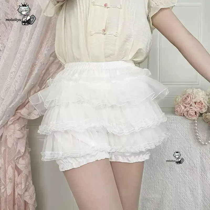 Harajuku Kawaii White Ruffles Pumpkin Pants Women Cute Lace Bow Lolita Safety Short Pants Vintage Victorian Bloomers Leggings - view 3