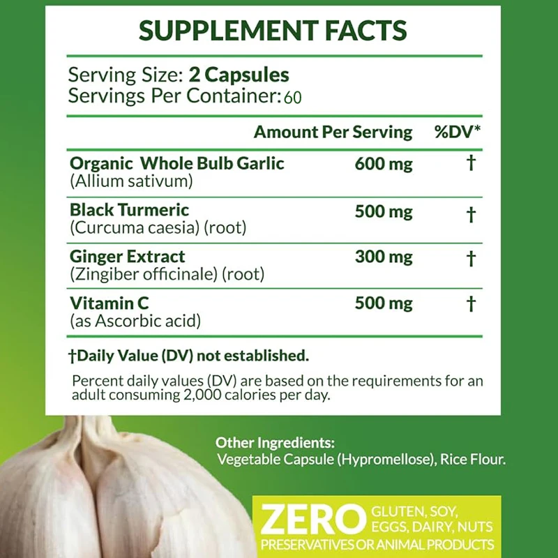 4-in-1 Organic Tasteless Garlic, Containing Black Turmeric Supplement,1900mg of Organic Garlic,turmeric,and Vitamins,60 Capsules