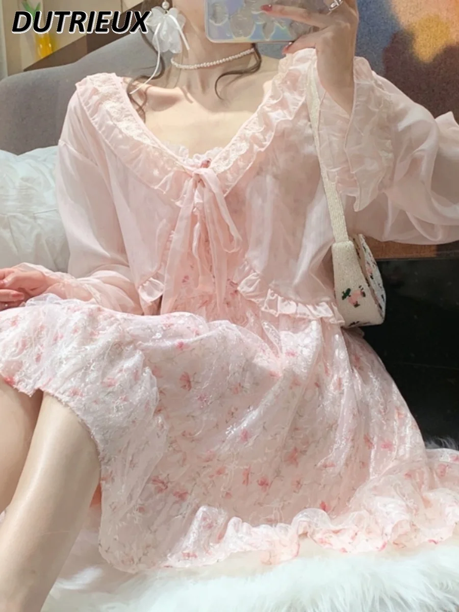 Sweet Gentle Mesh Chiffon Sling Dress Women 2024 Summer New Lolita Kawaii Girls Floral Skirt Princess Dresses A- Line Midi Dress