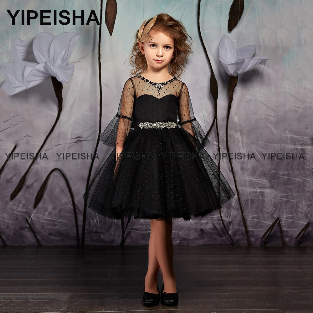 Yipeisha O-neck 3/4 Sleeves Black Girl\'s Party Dress Dot Tulle A Line Knee Length Toddler\'s Prom Gown Formal Dance Wear