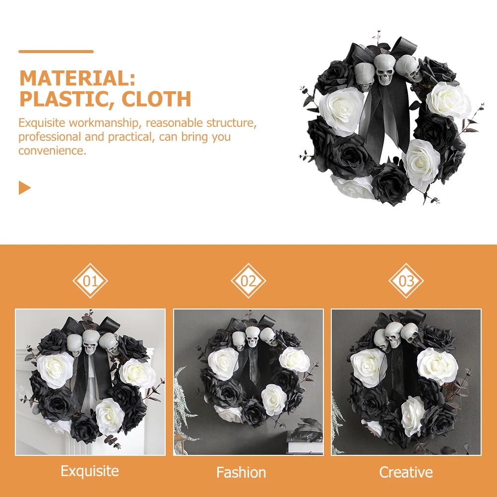 

Skull Rose Wreath Halloween Wreaths for Front Door outside Props Spooky Hanging Plastic Black