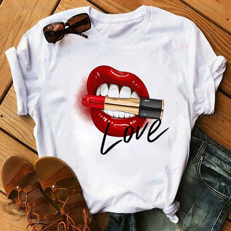 Flaming red lips Sexy Kiss Lip graphic Funny Comfortable Short Sleeve Summer Amusing individuality Fashion Casual Printed tshirt