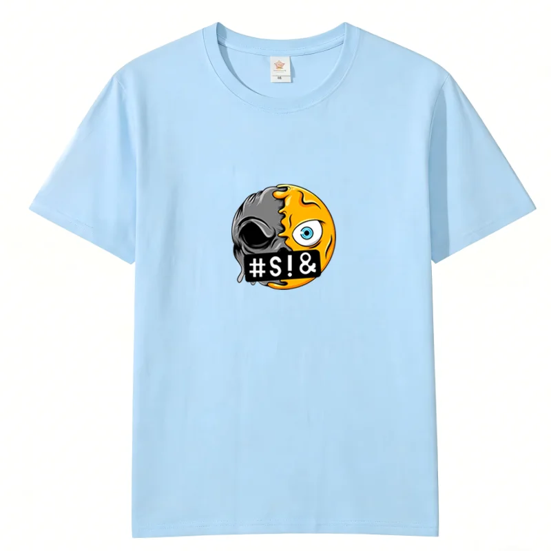 Unisex Cool Split Melting Emoji Skull T-Shirt, Casual Hip Hop Streetwear Short Sleeve Cotton Daily Fashion Loose Tee Tops WX160