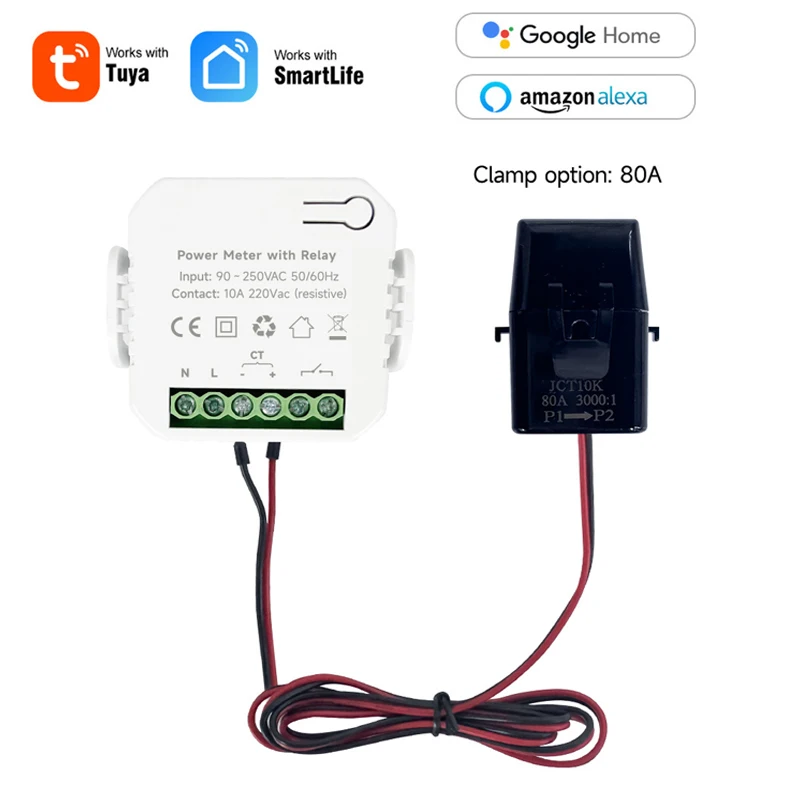 80A Tuya Smart WiFi Power Meter with Relay Smart Home Energy Meter with 1 on/off Transformer Photovoltaic Solar Bi-directional