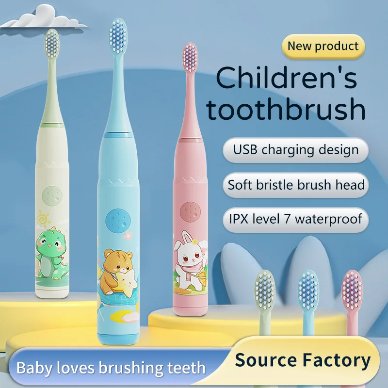 Children Sonic Electric Toothbrush IPX7 Waterproof Colorful Cartoon For Kid Use Soft Bristle Replaceable With Tooth Brush Heads