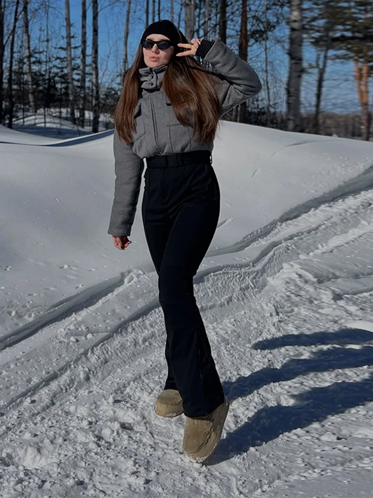 Winter 2 Piece Ski Suit Hooded Cropped Snow Jacket Flared Belted Ski Pant Waterproof Thick 2026 Snowboarding Outdoor Lady Outfit