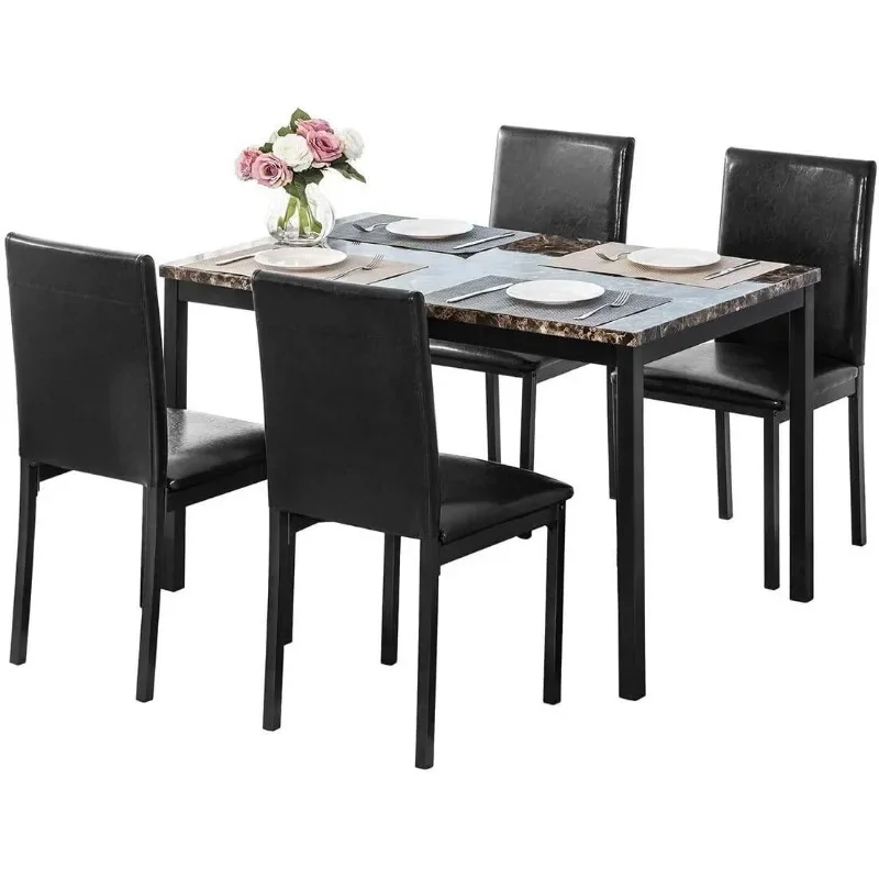 Faux Marble Kitchen and Table Chairs Set of 4 Dining Room Table Set with 4 PU Leather Dining Chairs Kitchen Table Set for Small