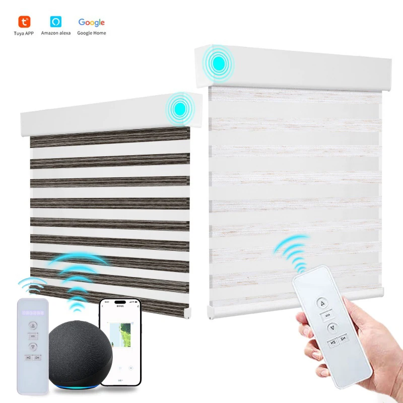 

Luxury Easy To Clean Dual Layer Terylene Fabric Tuya App Amazon Alexa Google Compatible Motorized Zebra Blinds For Home Decor