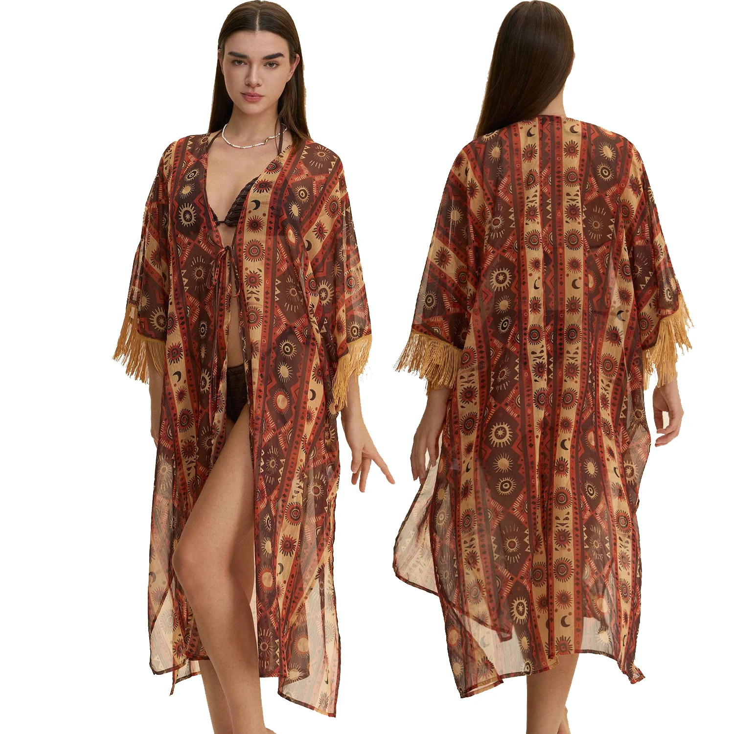 Bohemian Chiffon Long Robe Nightgown Sexy Perspective Lingerie Bathrobe Kimono Gown Beach Bikini Cover Robe Cardigan Lounge Wear