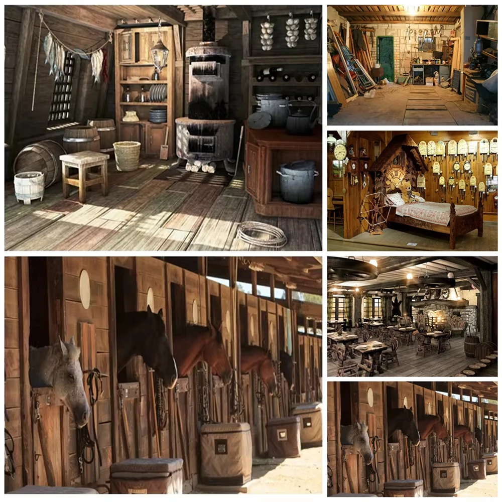 Vintage คลังสินค้าการถ่ายภาพฉากหลัง Western คาวบอยเครื่องมือ House Horse Shed เด็กผู้ใหญ่ภาพพื้นหลังสตูดิโอ Props