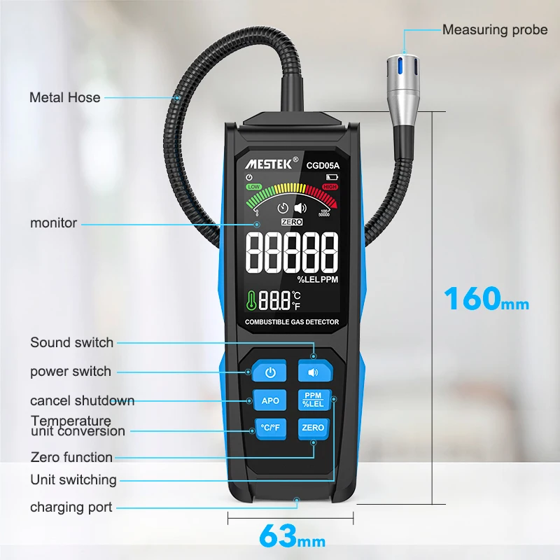 CGD05A Handheld Gas Leak Detector Charging PPM LEL VA Color Screen Gas Analyzer LPG Meter Triple Alarm Natural Gas Leak Meter