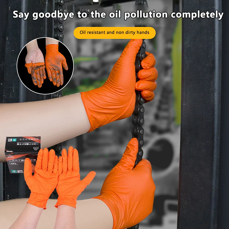10/30PCS Disposable Gloves With Diamond Textured Grip For Mechanic Safety And Work Gloves Heavy Duty Orange Nitrile Gloves