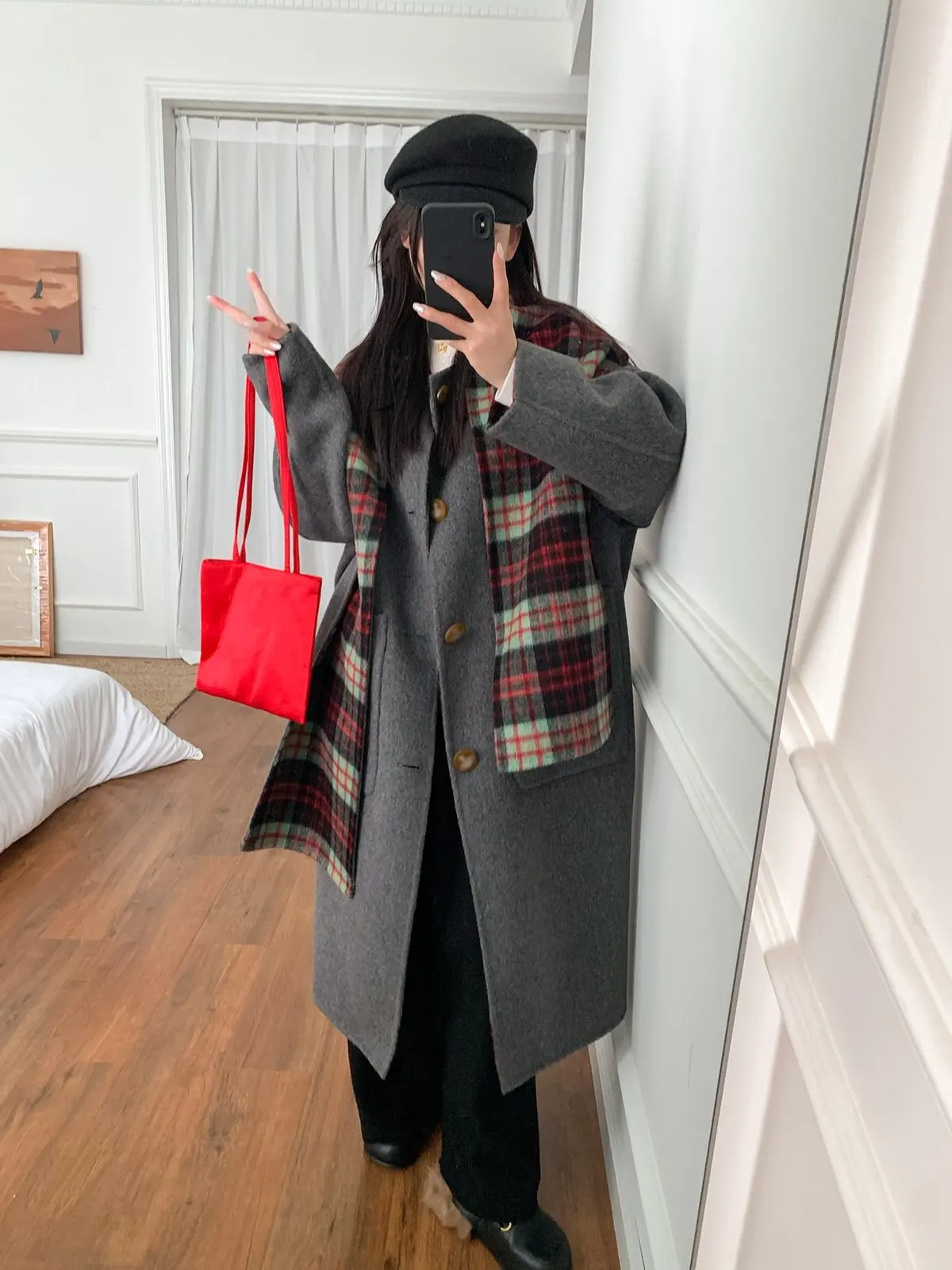 

Detachable Pure Wool Plaid Scarf Double-Sided Wearable Midi Length Woolen Coat Lady's Commute Sle Single-Breasted Coat