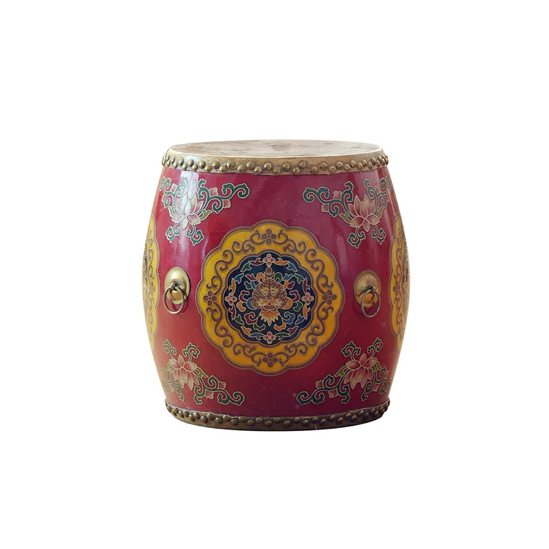 stool solid wood cowhide hand painted drum pier Chinese classical pier flower and bird guzheng stool shoe changing stool