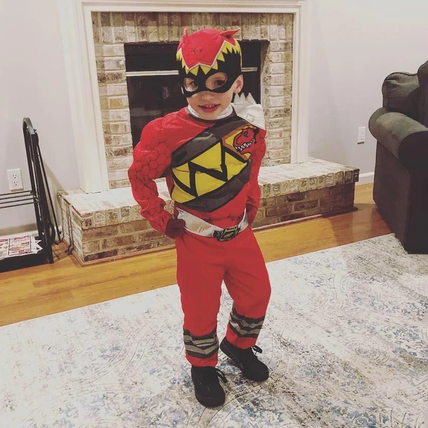 Zespół dinozaurów czerwona moc Dino Charge Ranger Superhero mięśni kombinezony garnitury Cosplay kostium na Halloween dla dzieci dziecko nakrycia głowy