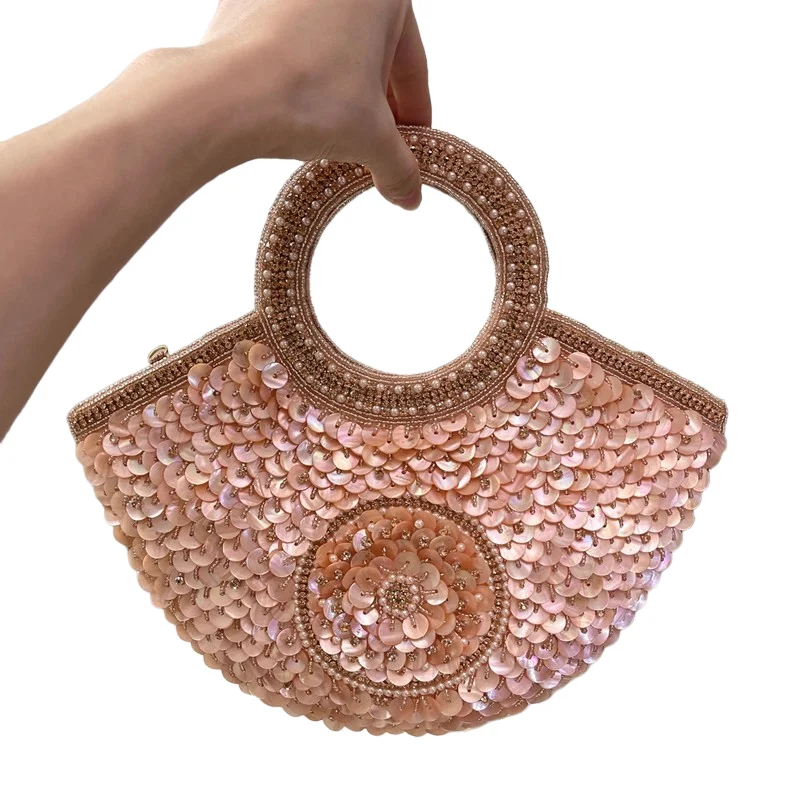 DOYUTIG indyjskie kobiety ręcznie wyszywane koralikami Shell Tote błyszczące haftowane Rhinestone torba na ramię pod pachami Lady Party torebka z uchwytem N024 — zdjęcie 2