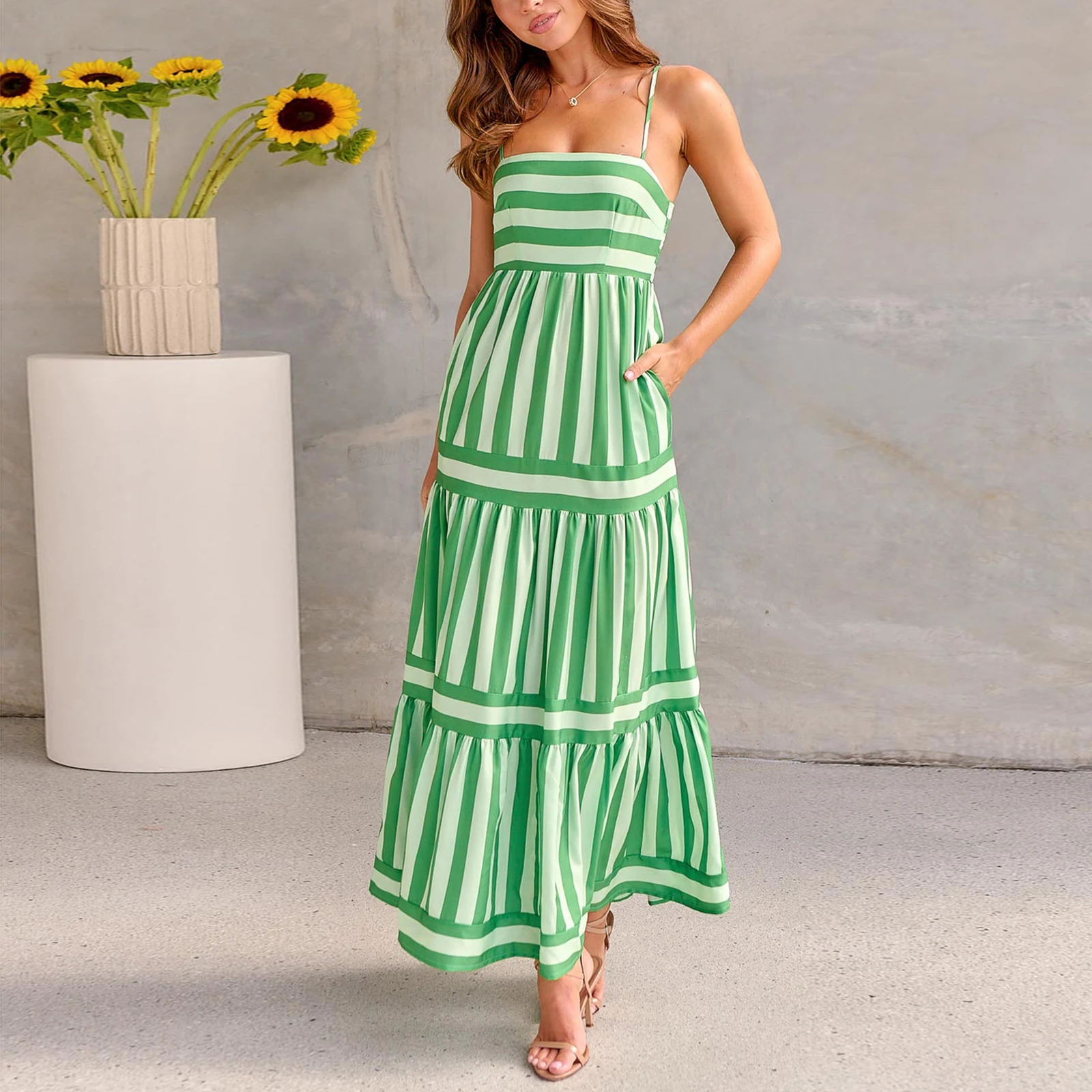 

Holiday Vacation Sundress Women's Long Tiered Dress Sleeveless Spaghetti Strap Square Neck Striped Print Dress Midi Slip Dress