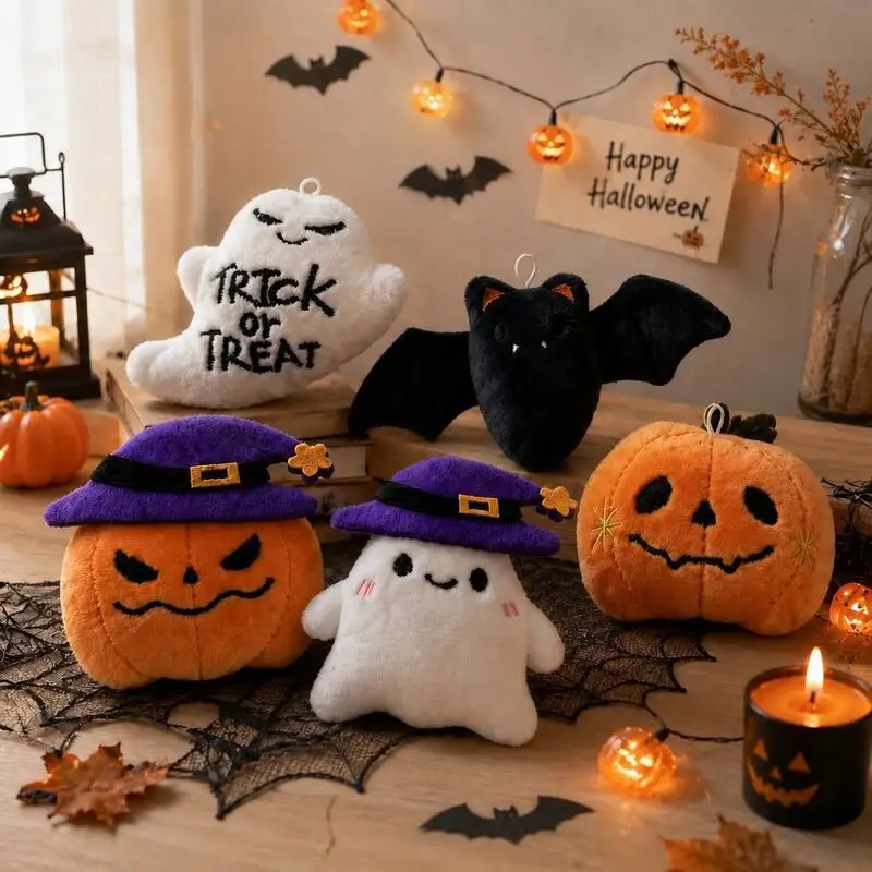 10Pcs Halloween Ghost Plush Keychain Car Bag Pendant Pumpkin Bat Fashion Korean Kawaii Cartoon Halloween Decoration Party Gift