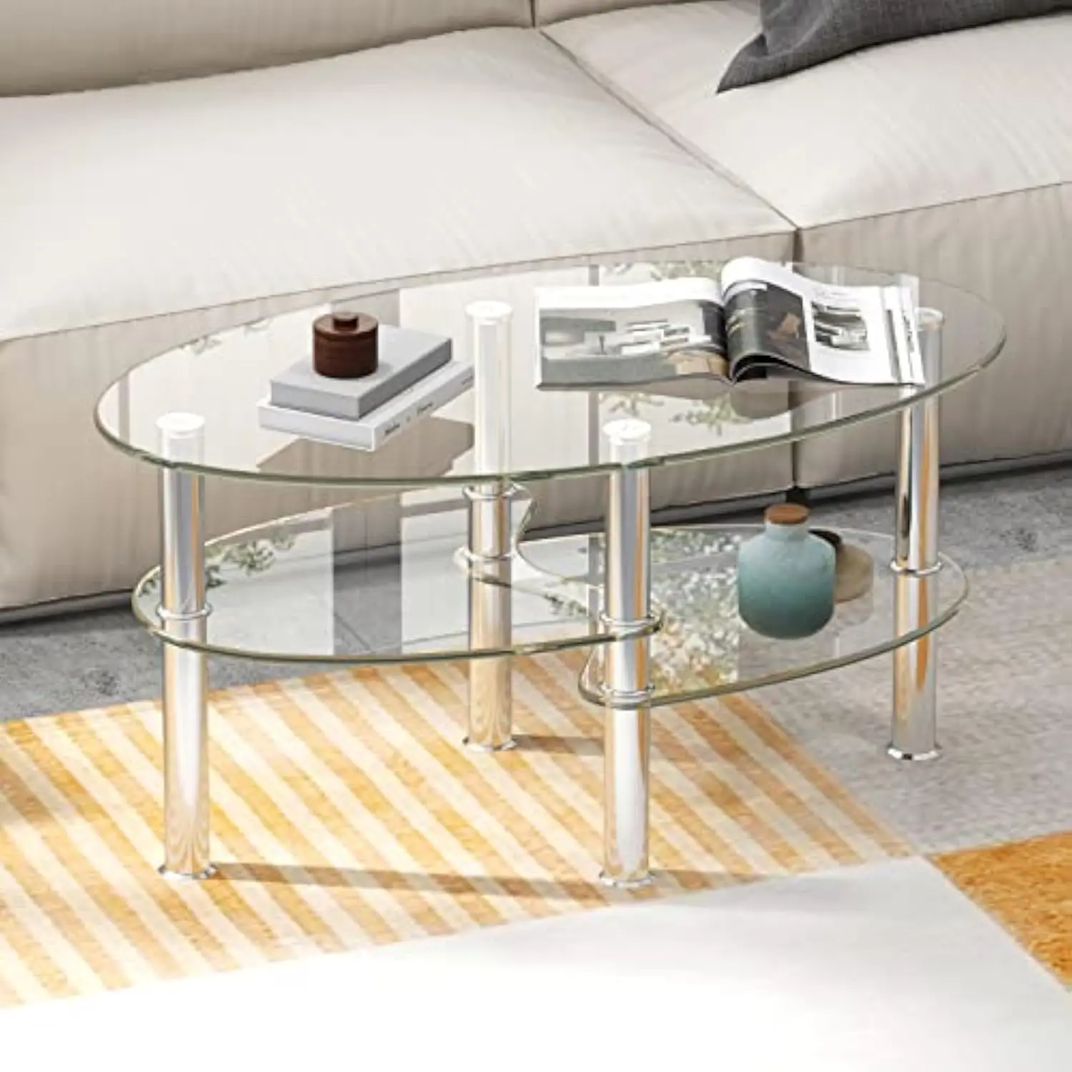 

Glass Coffee Table, 3-Tier Sofa Side Table with Metal Tube Legs and Open Shelves, Modern Oval Coffee End Table for Living Room
