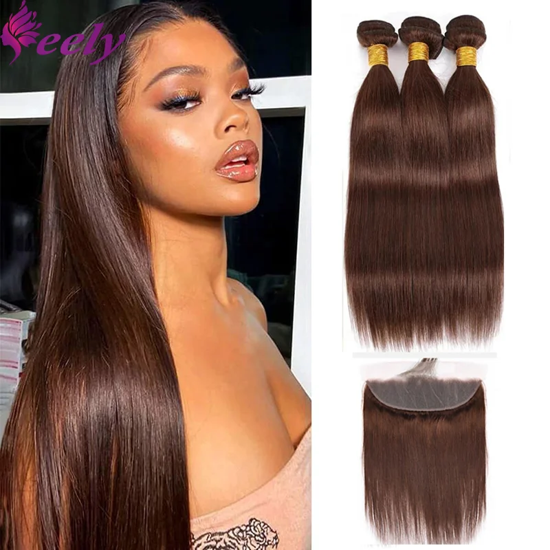 Human Hair Bundles Straight Brown Brazilian 100% Human Hair Bundles With Closure 13x4 Frontal Lace Extension 30 Inches For Woman