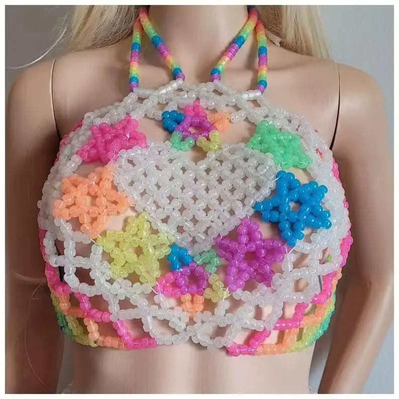 Music Carnival Luminous Beaded Bra Chain Handmade DIY Sexy Love Pentagram Hollow Chest Decoration for Women