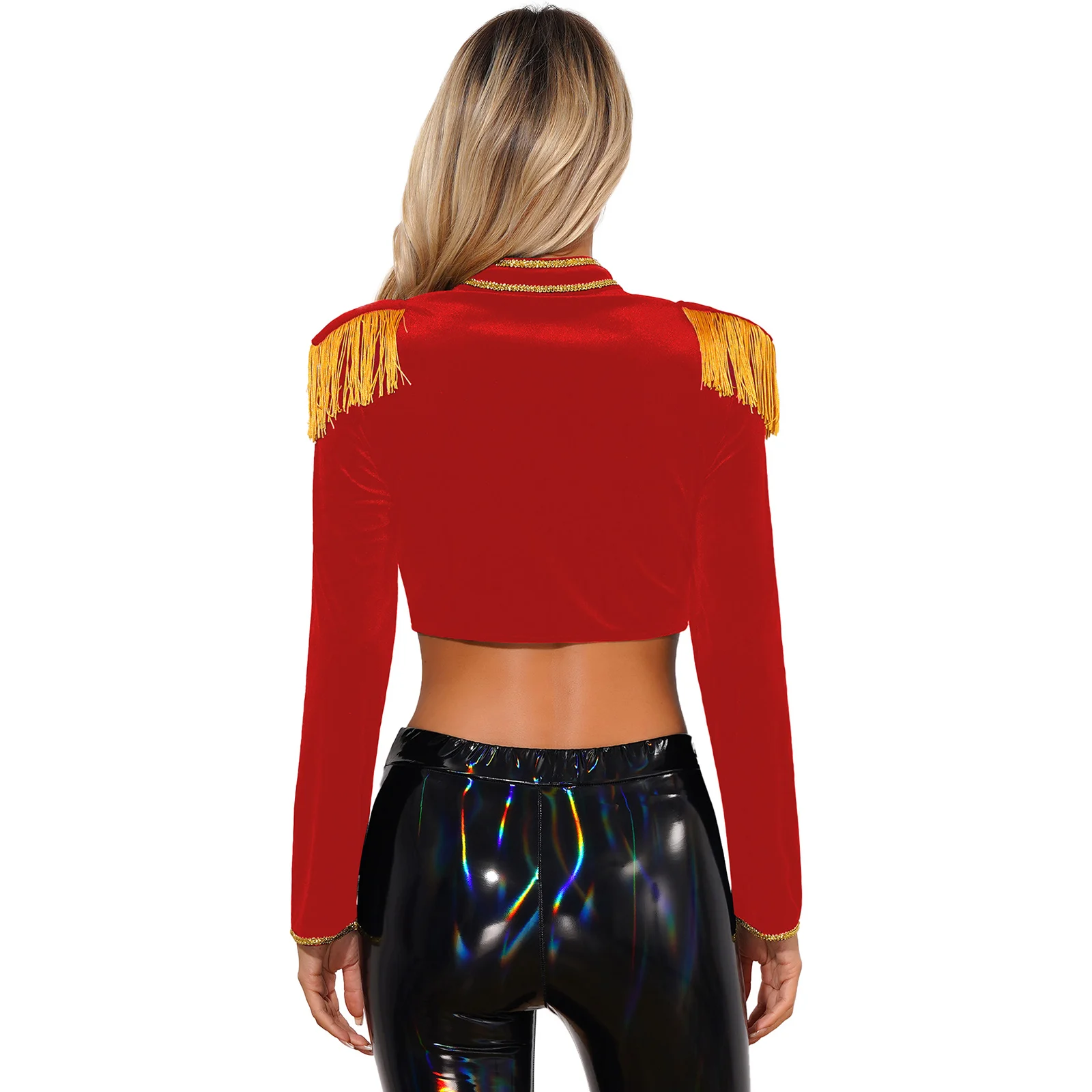 Womens Circus Ringmaster Cosplay Costume Long Sleeve Velvet Cropped Coat Jacket Halloween Fancy Dress Ball Theme Party Role Play