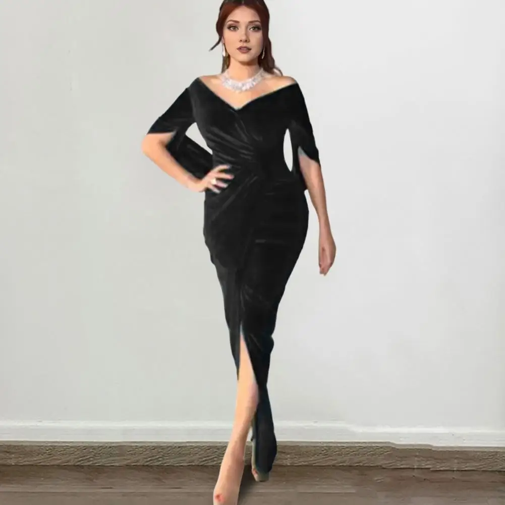 Lady Evening Dress Skinny Pleated Off Shoulder Slit Hem Half Sleeves Annual Symposium Wedding Party Prom Maxi Dress Ball Gown