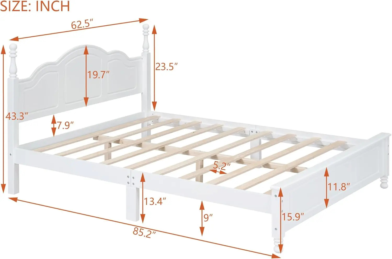 White Queen Platform Bed with Headboard, Retro Style Wooden Queen Size Bed Frame with Slat Support,for K