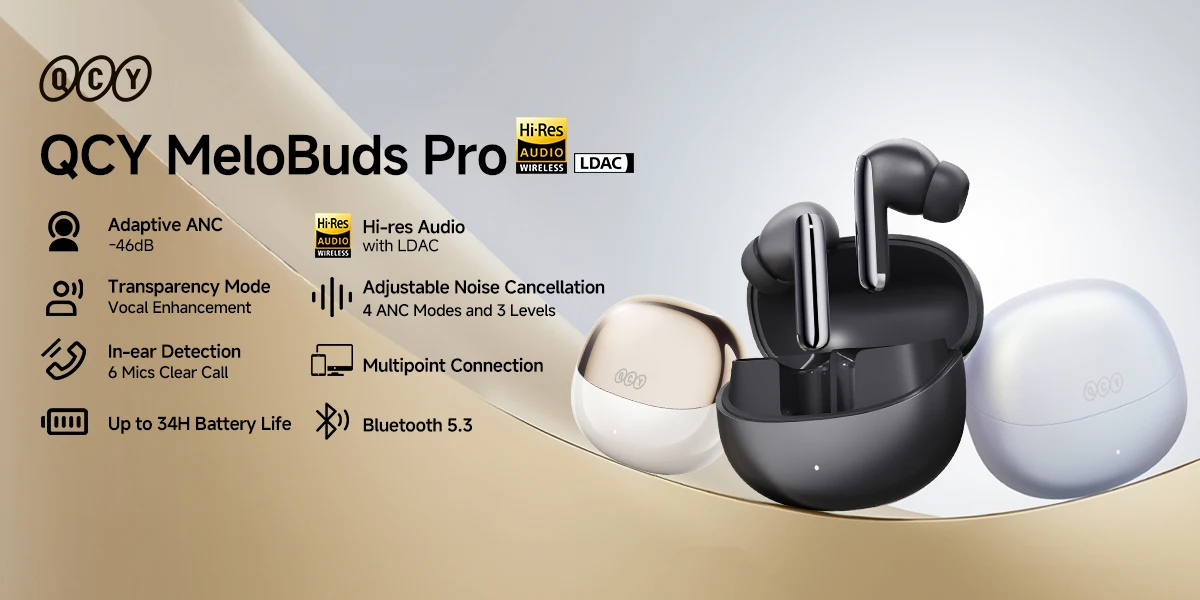 QCY MeloBuds Pro ANC Kabellose Kopfhörer 46 dB aktive Geräuschunterdrückung Ohrhörer Bluetooth 5.3 Hi-Res Audio mit LDAC-Kopfhörern – Detail 1