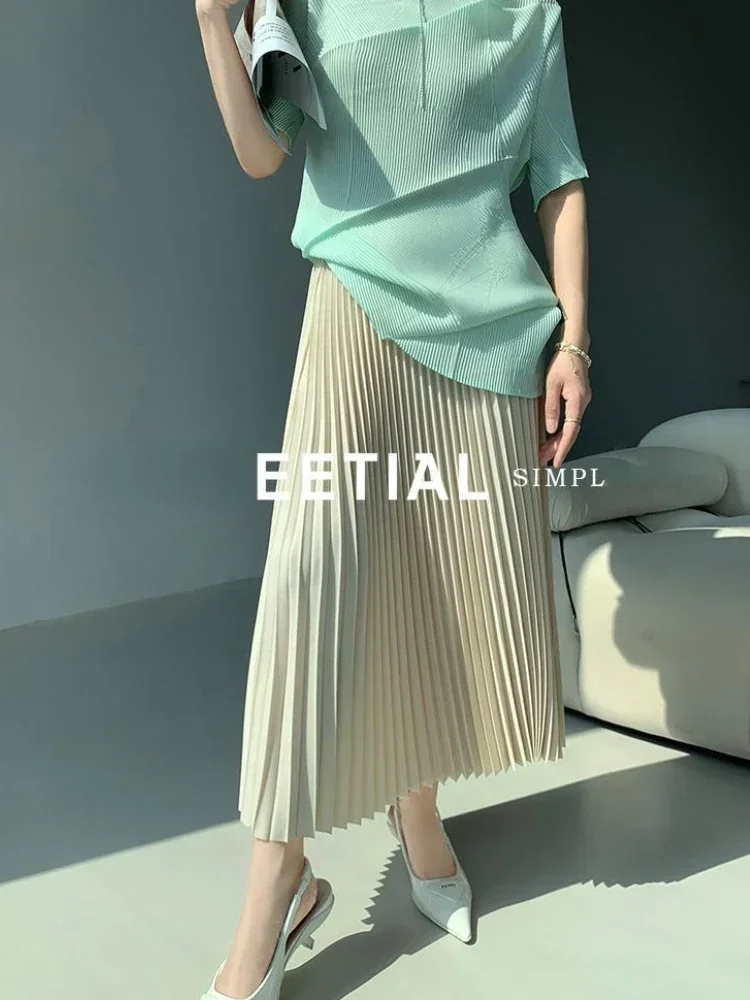 Elegante cintura alta saias longas para mulheres cintura elástica 2025 outono coreia moda saia plissada senhoras soltas saia linha a