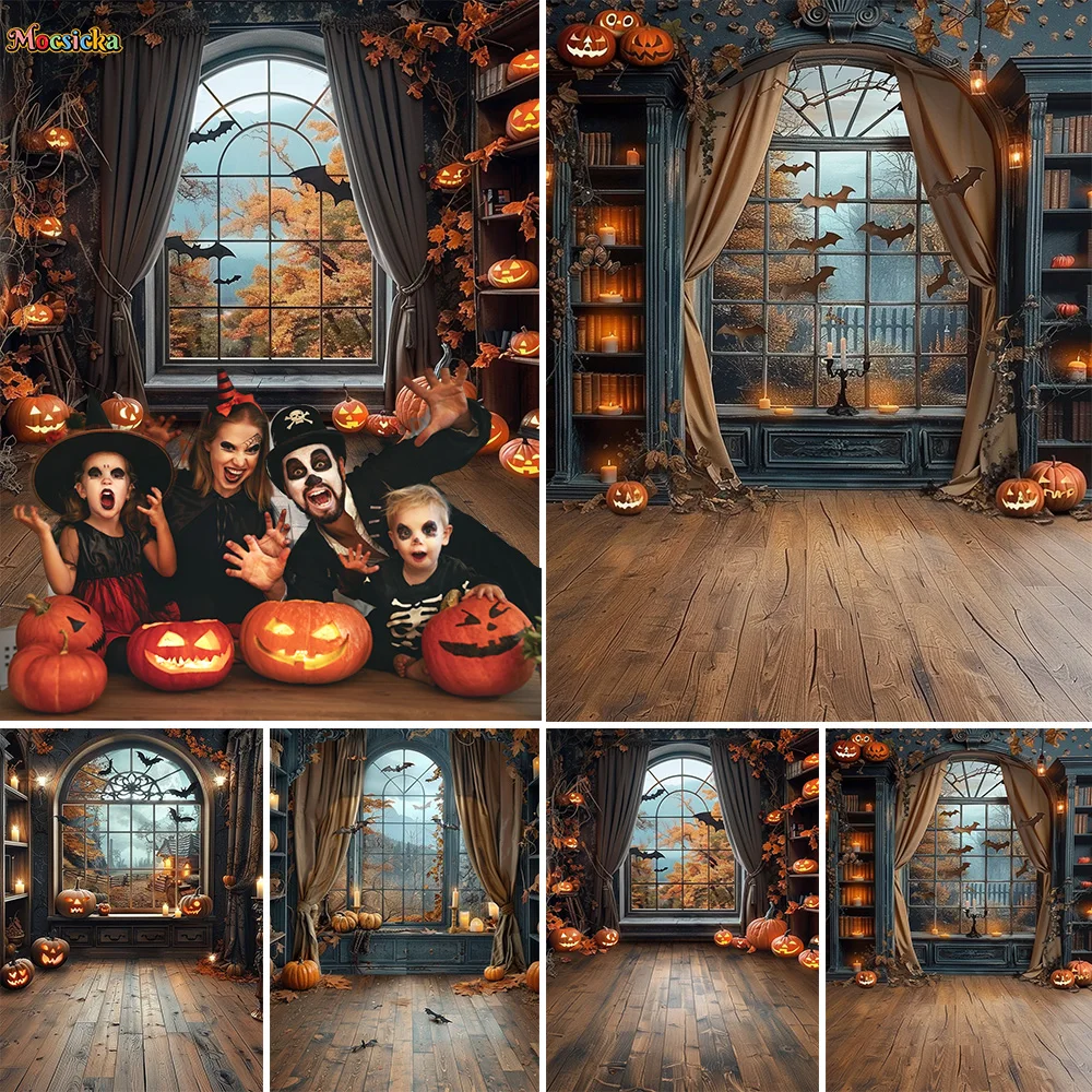 Halloween Party Photography Background Black Window Bookshelf Candle Pumpkin Lantern Bat Backdrop Kids Holiday Birthday Photo